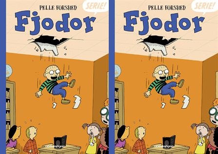 Bokomslaget till boken. En tecknad liten kille med glasögon faller ner från ett hål i taket.