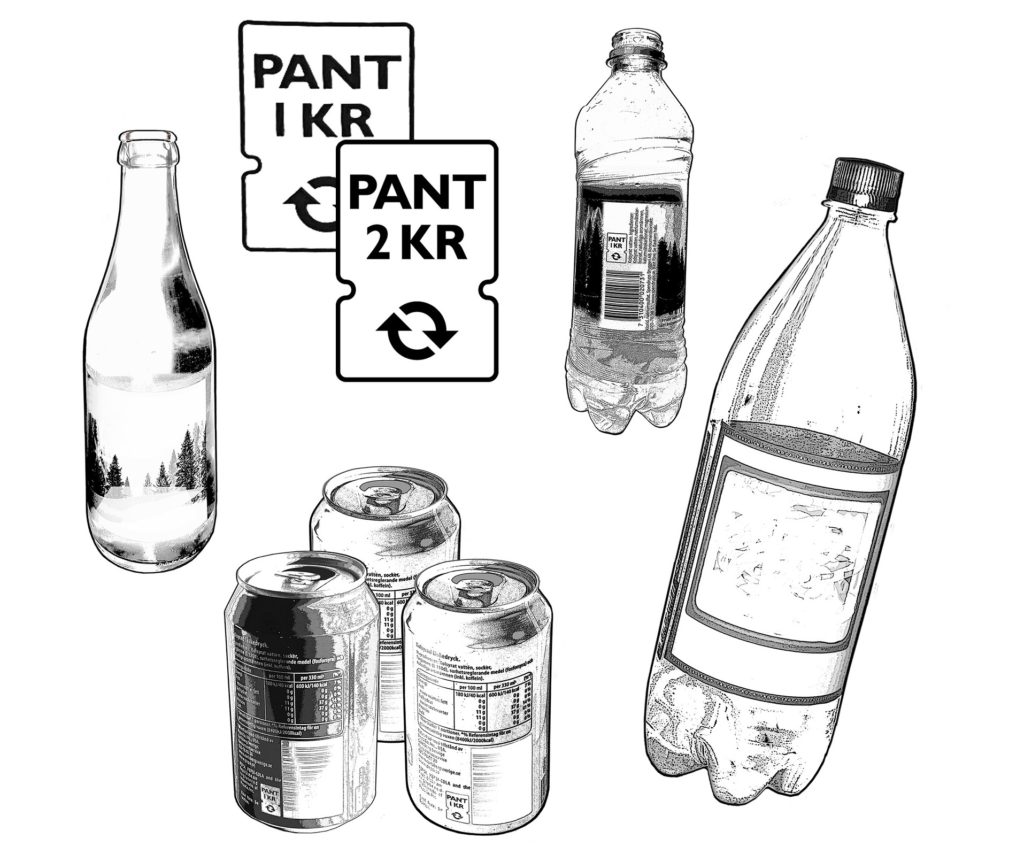 Olika sorters flaskor och brukar som går att panta. En glasflaska, tre aluminiumburkar och två plastflaskor, tecknade i svartvitt. På bilden finns också symbolerna för att förpackningen går att panta, en etikett med pilar som föreställer ett kretslopp.