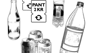 Olika sorters flaskor och brukar som går att panta. En glasflaska, tre aluminiumburkar och två plastflaskor, tecknade i svartvitt. På bilden finns också symbolerna för att förpackningen går att panta, en etikett med pilar som föreställer ett kretslopp.