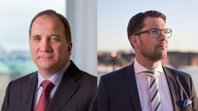 En bild på Stefan Löfven och en på Jimmie Åkesson. Löfven har kavaj och slips. Han har ganska tunt hår uppe på huvudet, stor näsa och små ögon. Åkesson har också kavaj och slips. Han har kort skägg och lite längre hår med hårgele i. Han har runda glasögon och tittar ut i fjärran.