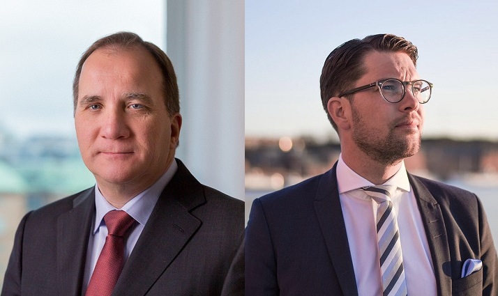 En bild på Stefan Löfven och en på Jimmie Åkesson. Löfven har kavaj och slips. Han har ganska tunt hår uppe på huvudet, stor näsa och små ögon. Åkesson har också kavaj och slips. Han har kort skägg och lite längre hår med hårgele i. Han har runda glasögon och tittar ut i fjärran.