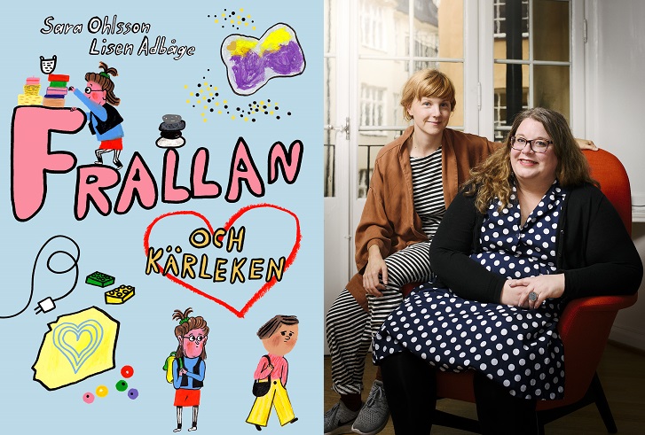 En bild på boken och en på författarna. På boken syns Frallan klättra runt på bokens titel och Frallan stå och titta efter Ester. Författarna sitter på en altan. Den enda har långt går i tofs och ser ganska ung ut. Den andra har prickig klänning. långt hår och glasögon.