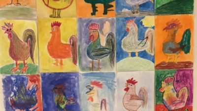 Målade tuppar med Picasso-ögon