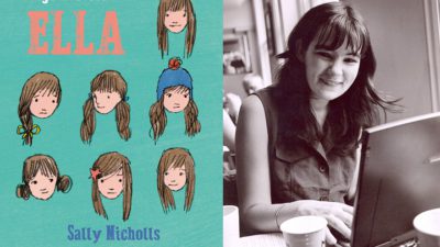 En bild på boken och en på författare. På boken är det ritat många olika versioner av Ellas ansikte. Vissa är glada, andra är ledsna. Några har tofs, andra mössa. Författaren sitter vid ett bord med en dator framför sig. Hon är ganska ung, kanske 25 år, och ler stort mot kameran.
