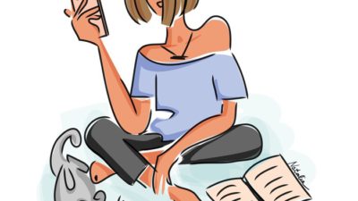 Illustration av tjej med mobil i handen