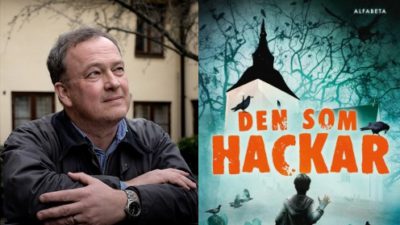 Författaren Tomas Halling bredvid boken den som hackar