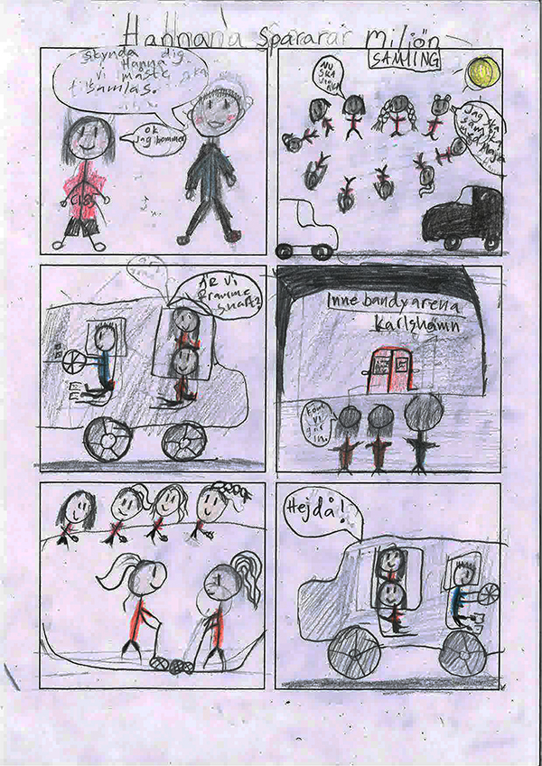 En ritad serie med sex bilder.