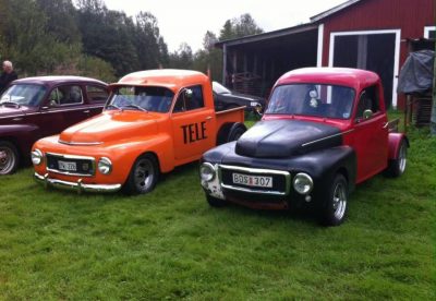 Gamla A-traktorer i olika färger på rad i gräset.